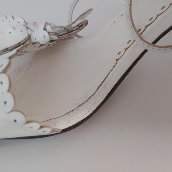 Bebe Bow High Heel Sandals  White Lacey Leather  Ankle Straps  8 1/2 M - Picture 10 of 12